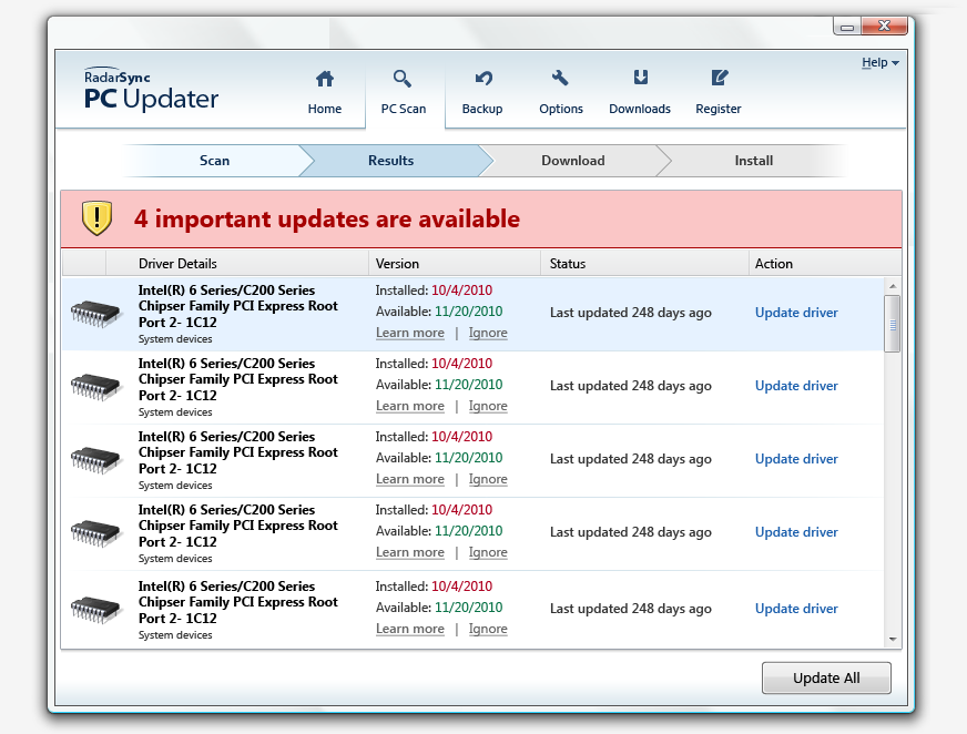 RadarSync PC Updater automatically updates and fixes your essential PC drivers.